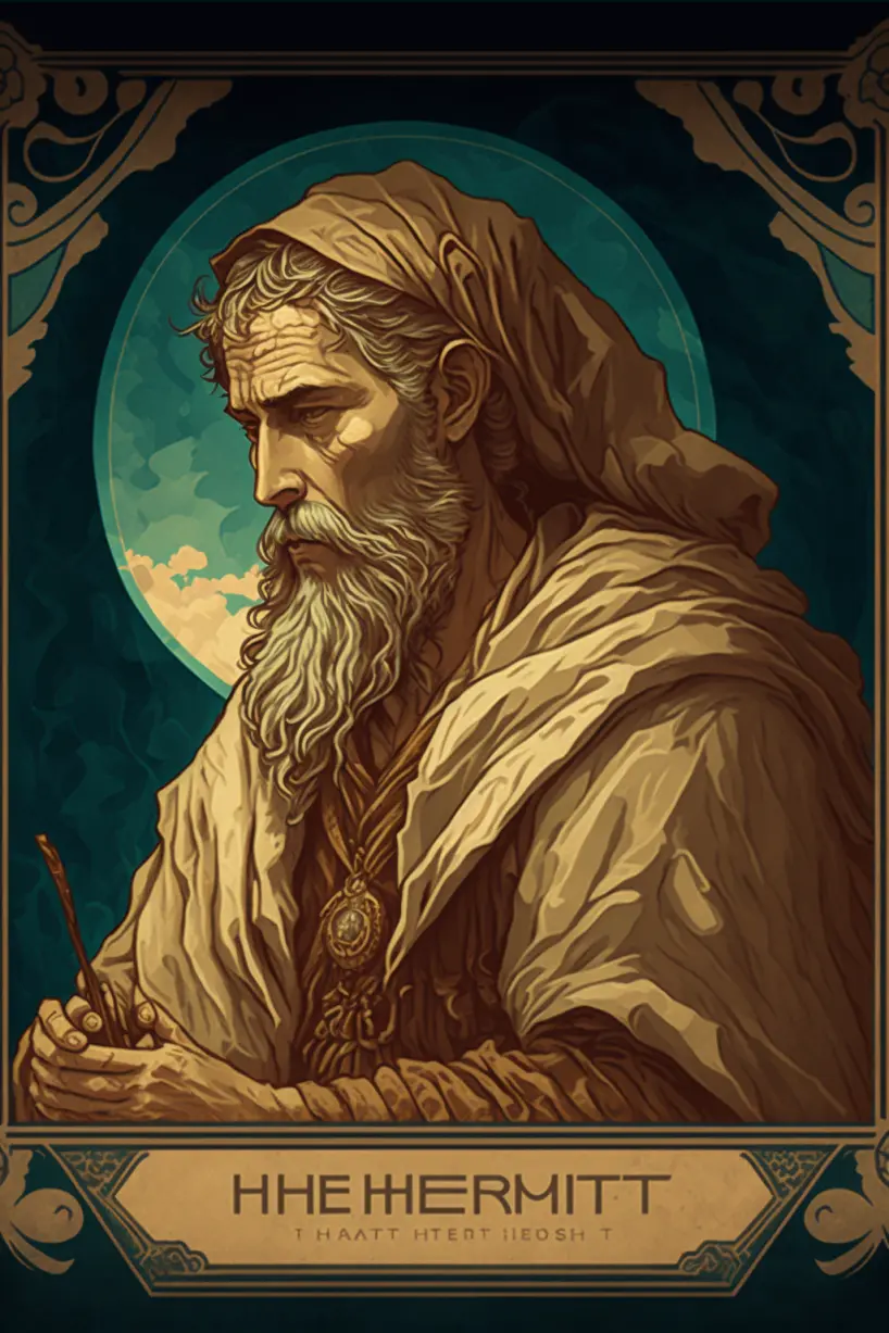 tarot card illustration, the hermit, style of Alphonse Mucha